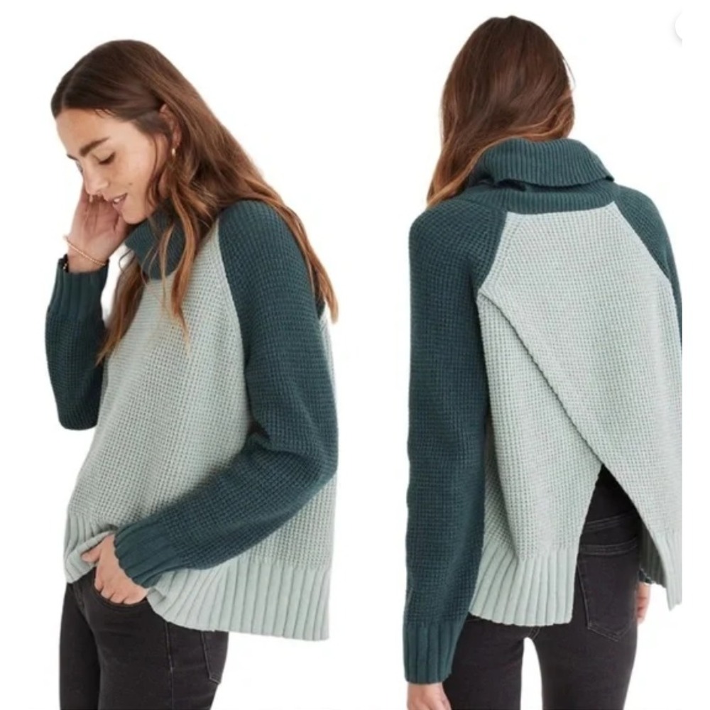Madewell Green Colorblock Eastbrook Cowl Neck‎ Cross Back Sweater Cotton Merino